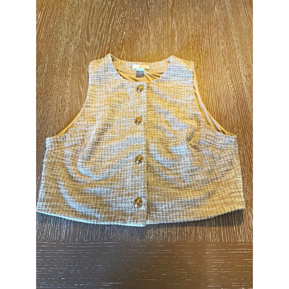 H&M Women’s Tweed Plaid Button Front Lined Sleeveless Vest Beige/White M